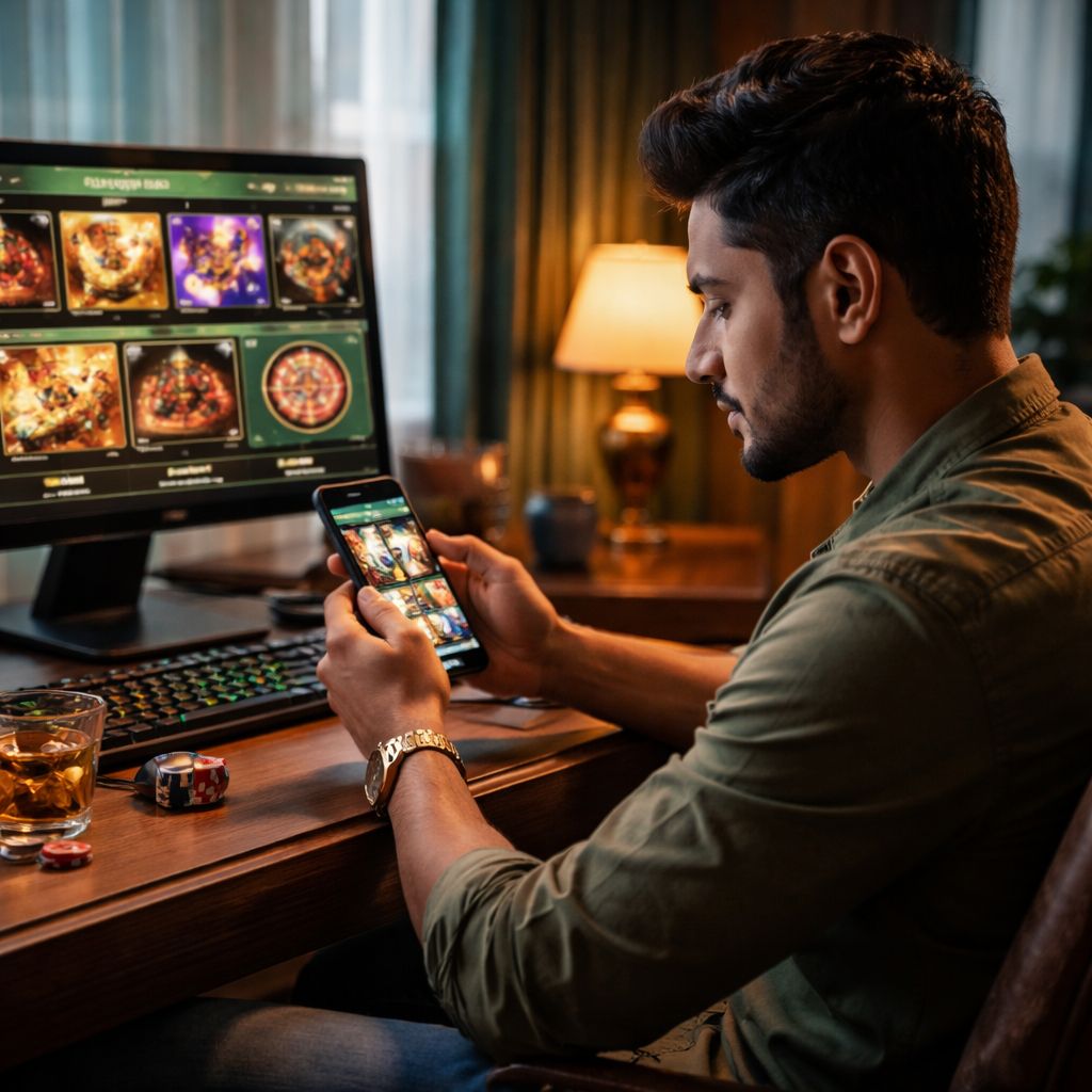 Stylish online casino scene with a Bangladeshi player using a smartphone to access VB8 entertainment and secure betting tools