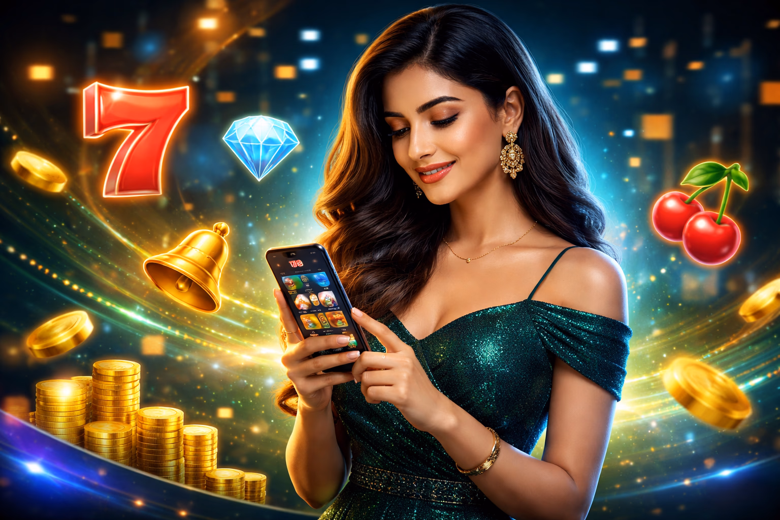 Confident Bangladeshi woman holding a phone with the VB8 app open while colorful casino effects glow in the background