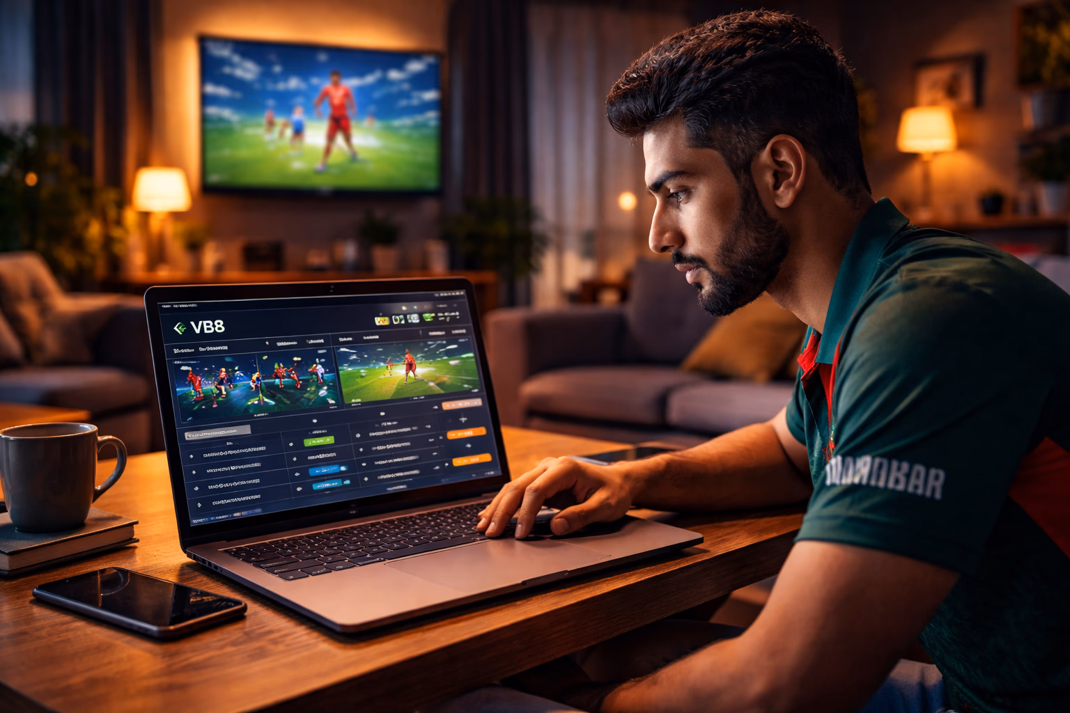 Bangladeshi bettor reviewing VB8 live odds on a laptop while following football and cricket updates at home