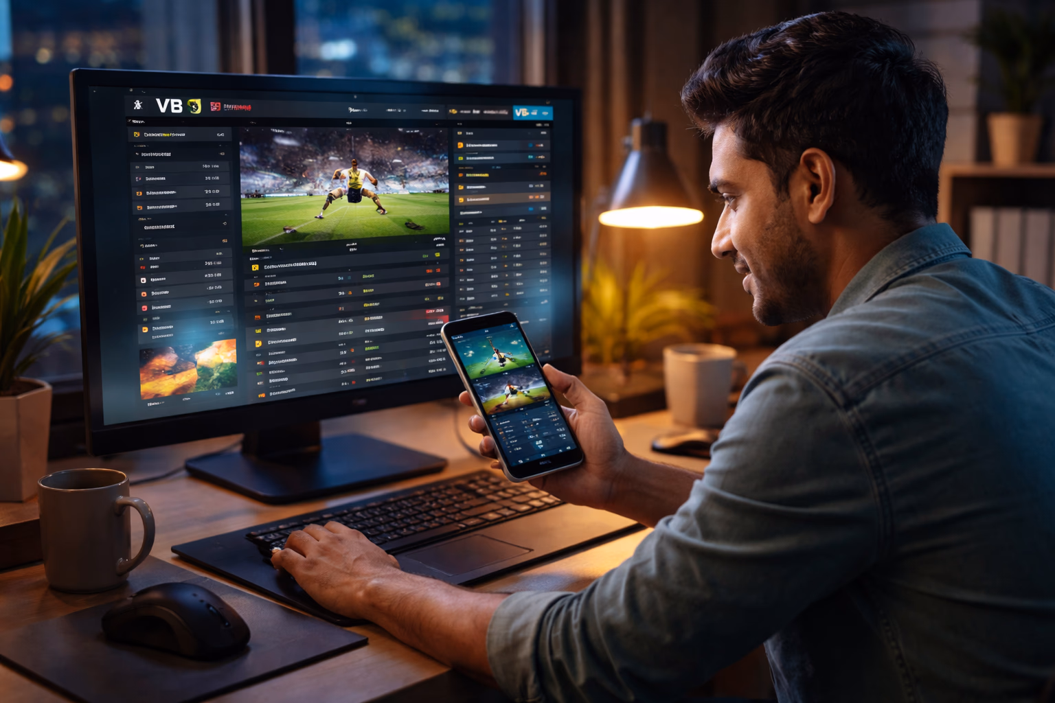 Bangladeshi user checking VB8 live betting options on mobile and desktop during an evening sports session