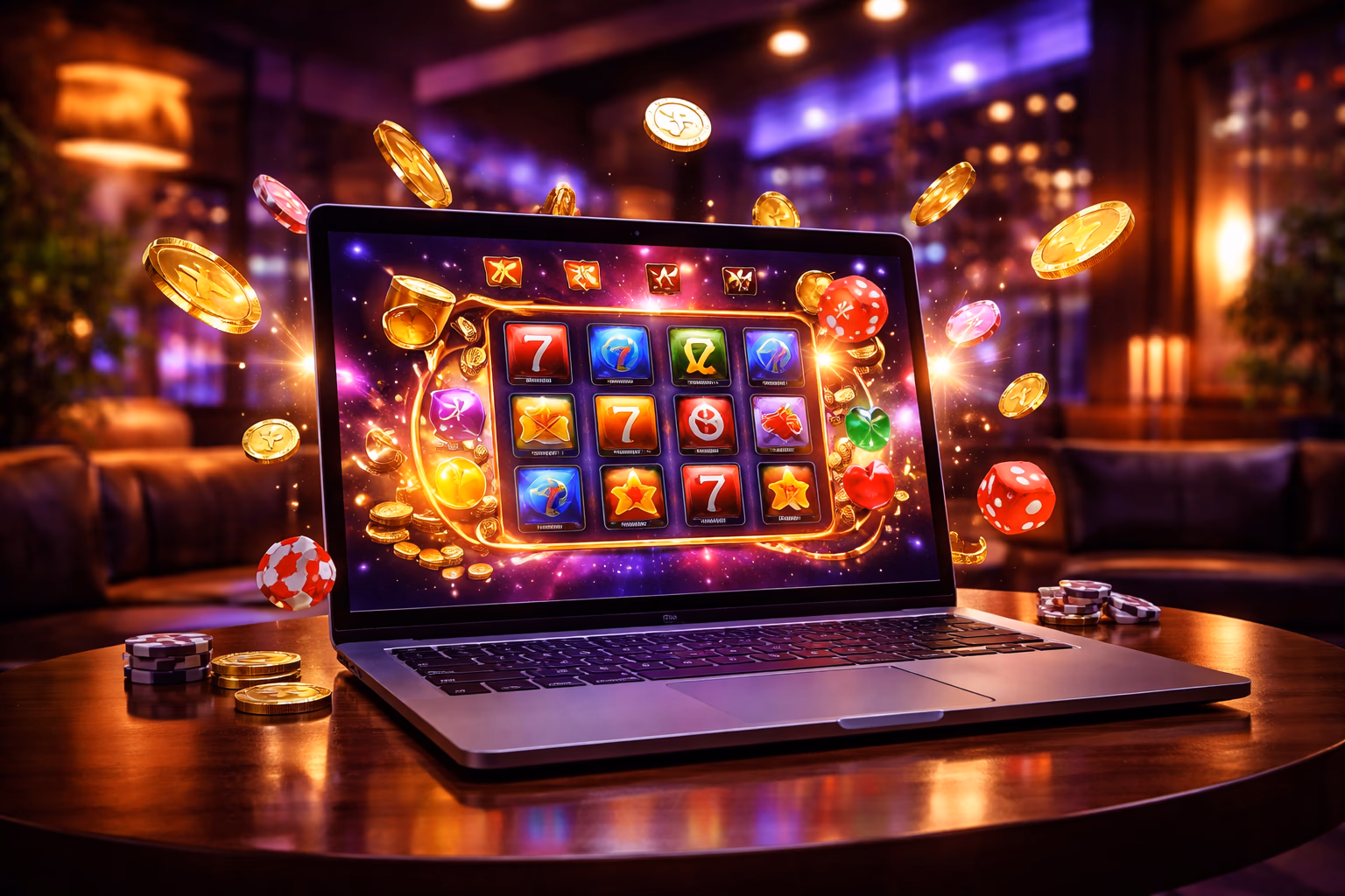 Laptop displaying an exciting VB8 game interface with animated reels, shining coins and a sleek online casino layout