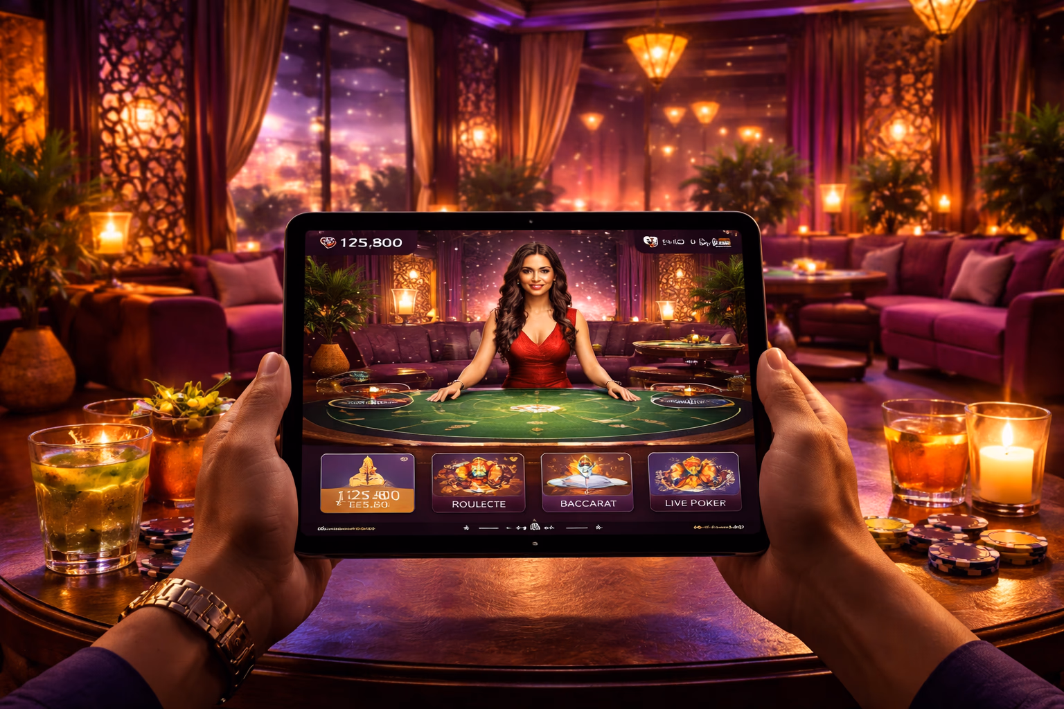 Focused Bangladesh user playing VB8 casino games on a tablet in a stylish neon-lit room with immersive digital visuals