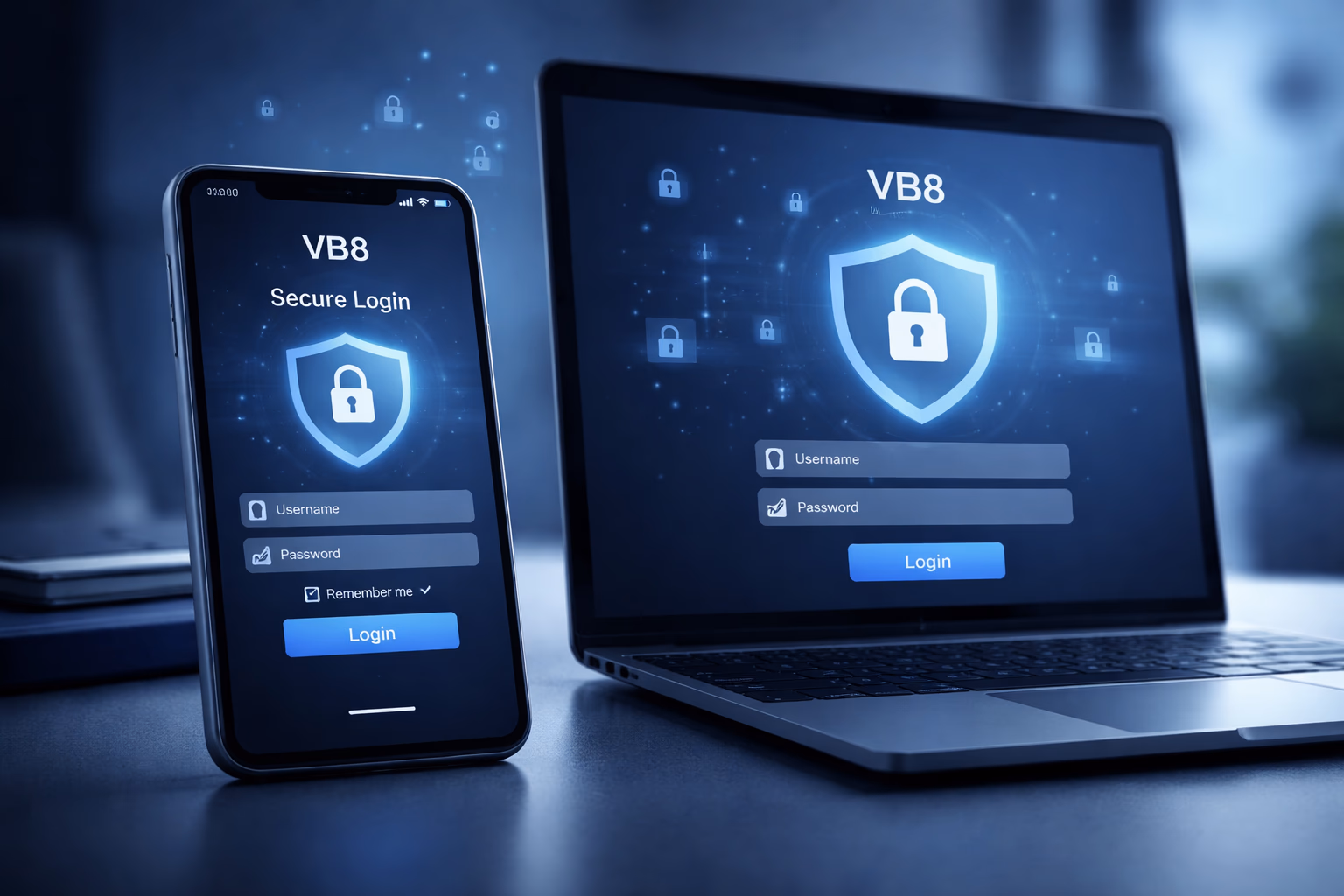 Secure mobile login display with VB8 account protection visuals and a calm gaming backdrop for Bangladesh users