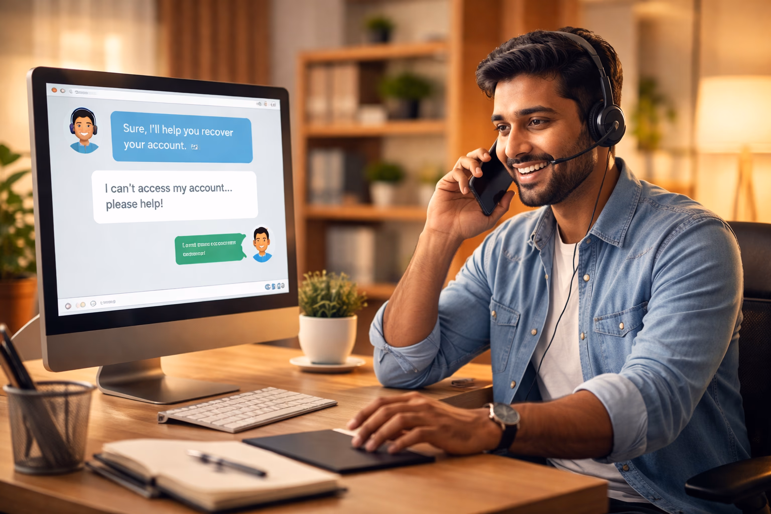 Friendly support representative assisting a Bangladeshi VB8 player with login recovery on phone and laptop