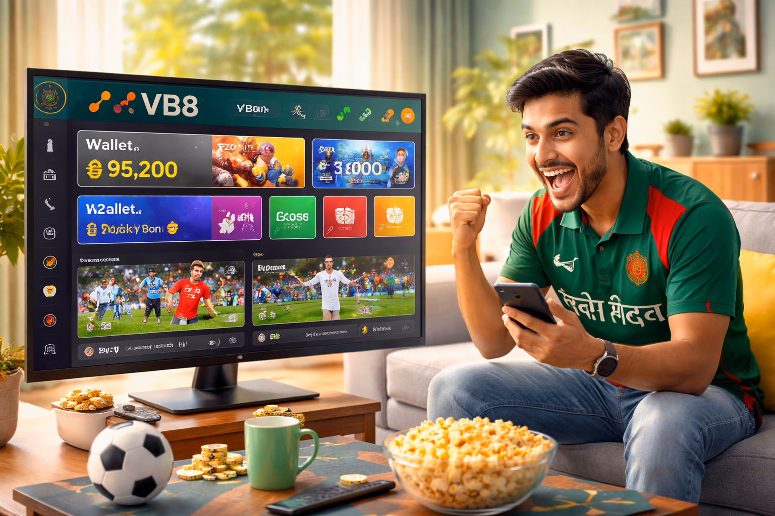 Bangladeshi player reviewing VB8 account dashboard with balance offers and gaming shortcuts on screen