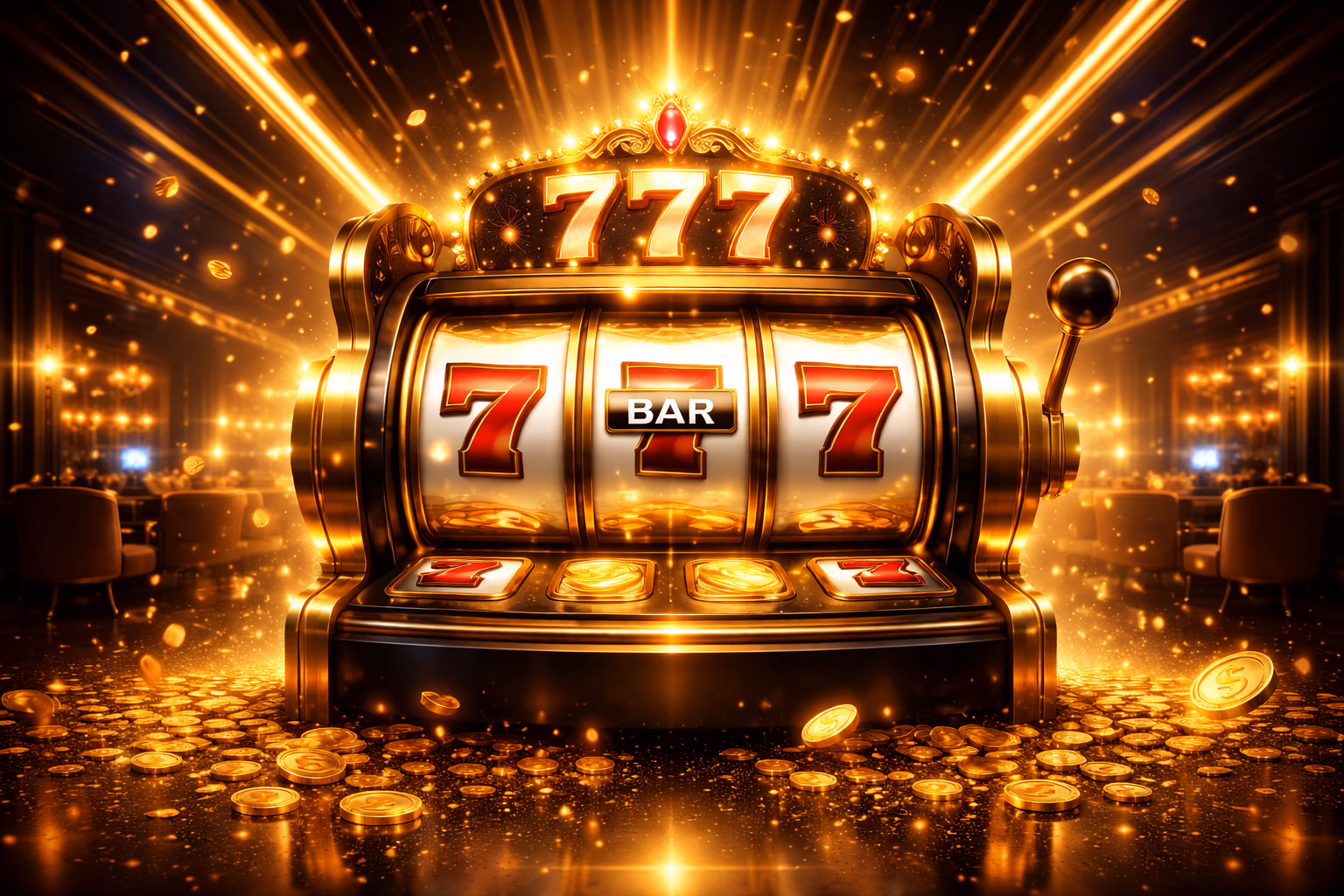 Stylish VB8 slot machine scene with premium reels, gold highlights and energetic gaming mood
